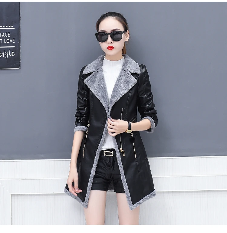 Кожаные женские длинные пальто осенние и зимние теплые тонкие куртки кожаные