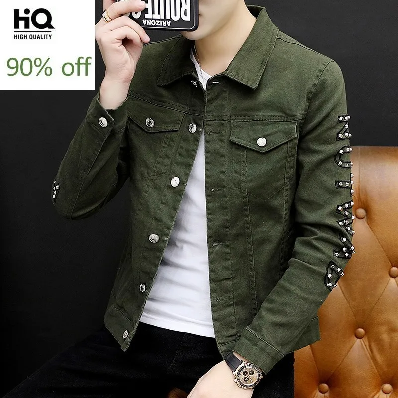 Винтажные мужские джинсовые куртки с заклепками в Корейском стиле длинным