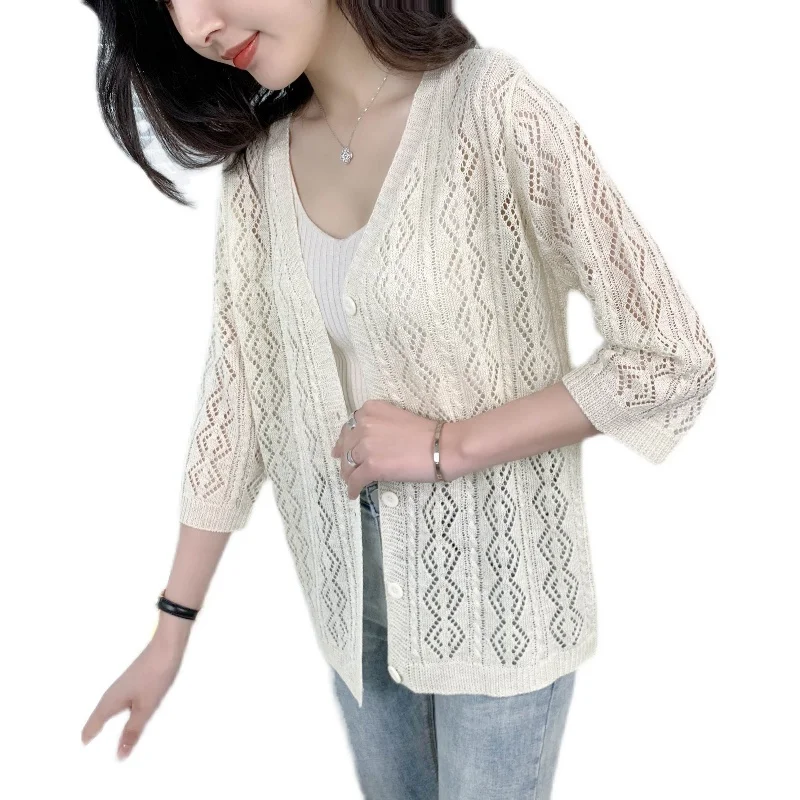 

20167 (No.2, row 11, Hall) solid color V-neck hollow out short sleeve knitted cardigan 34