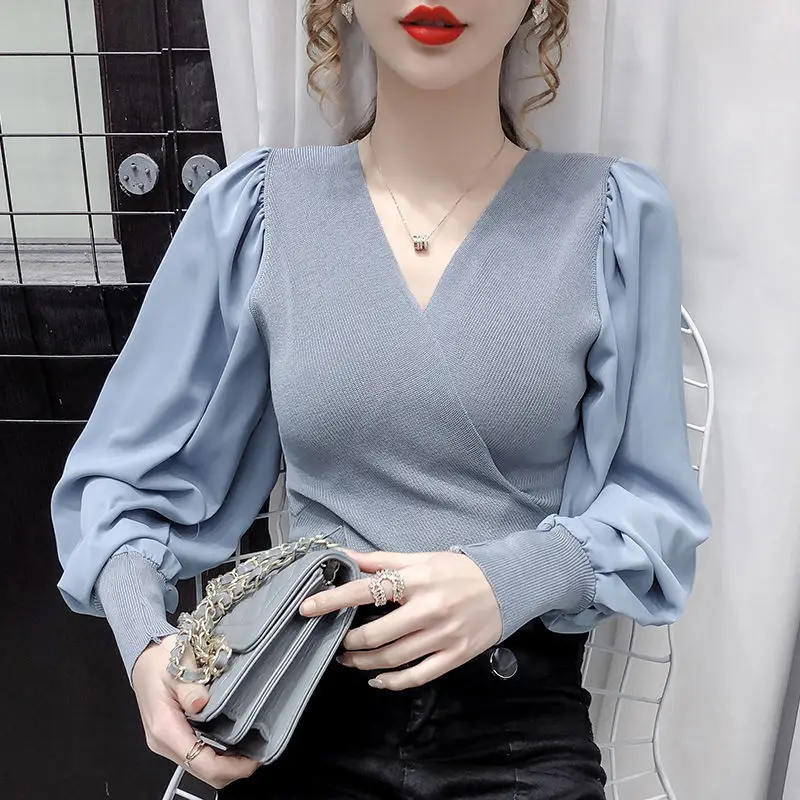

Long Puff Sleeve Elegant Women Slim V Neck Womens Sexy Tops Patchwork Slim Fit Blouse Women Autumn Spring 2020 New Shirt