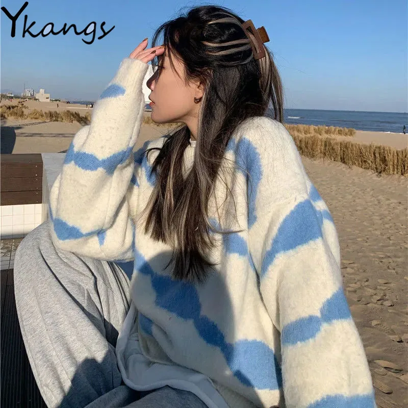 

Autumn Winter New Warm Long-sleeved Color-blocking Knitted Top Y2k Round Neck Pullover Women Top Korean Ladies All-match Sweater