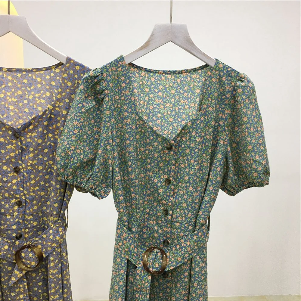 

Belt style French tea break skirt feminine Floral Dress