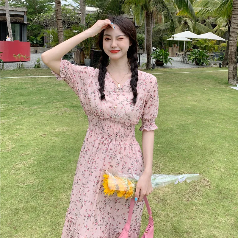 

COIGARSAM French Style Floral Print Women dress New Summer Chiffon V-Neck Dresses Pink Blue 5102