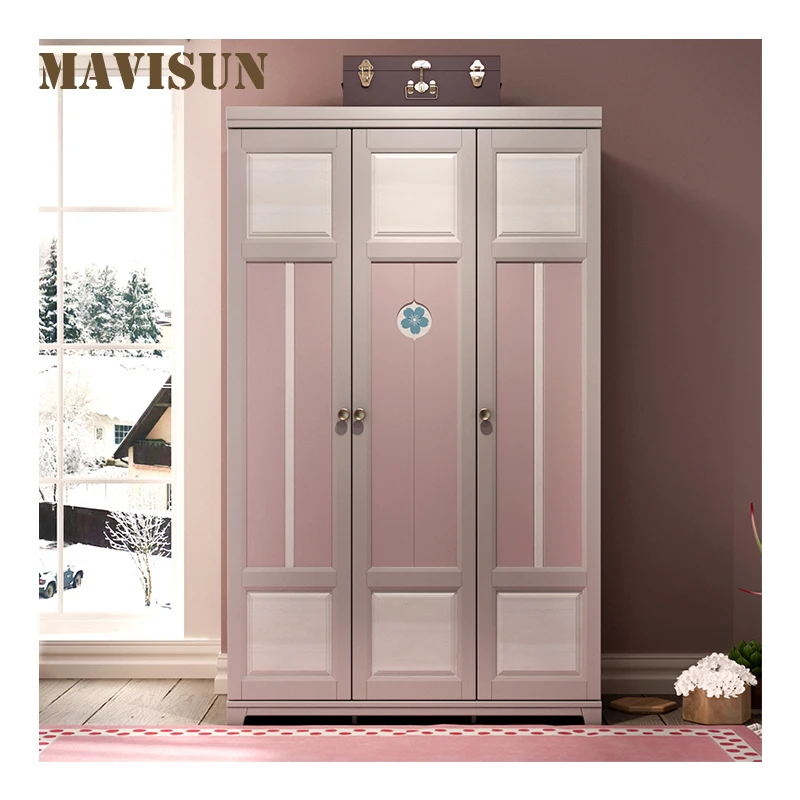 

Household Princess Wardrobe Nordic Children's Wardrobe Three-Door Solid Wood Girl Bedroom Furniture Single Hanging For Clothes