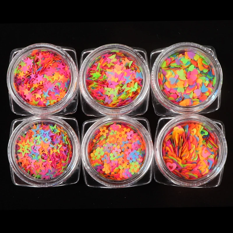 

6 Boxes/set Fluorescence Butterfly Glitter Nail Art Heart Star Flower Shape Flakes 3D Noen Pigment Sequins Manicure Decorations