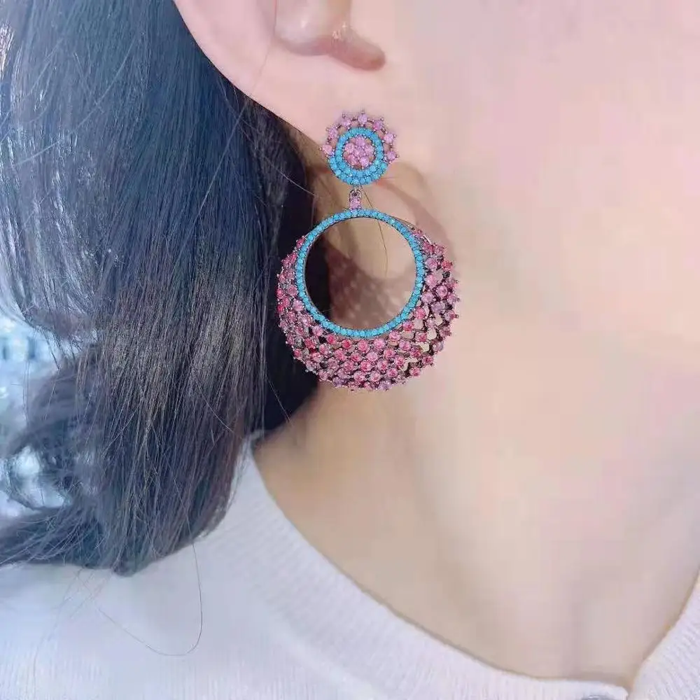 

European and American copper inlaid zircon earrings, round water drop earrings with micro inlaid diamonds, exaggerated earrings