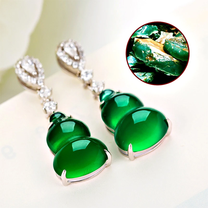 Серьги в классическом национальном стиле из натурального зеленого камня модные