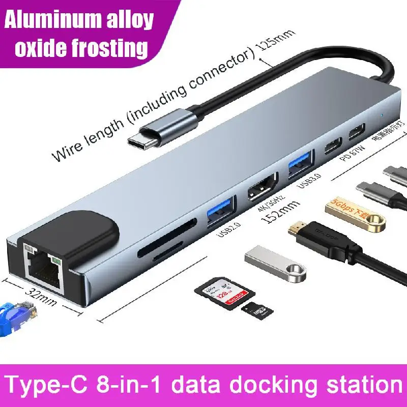 

Концентратор Usb Type-c 8-в-1, Тип c-HDMI + usb3.0 + usb2.0 + источник питания PD + данные PD + SD + TF + док-станция RJ45 для ноутбука Macbook