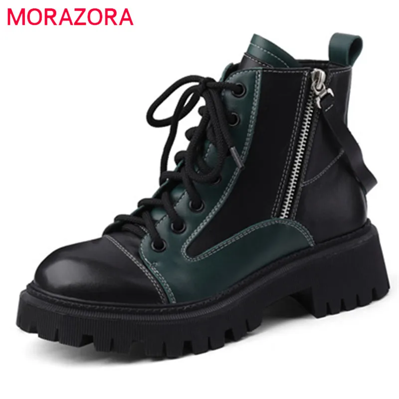 

MORAZORA 2022 Hot Sale Genuine Leather Ankle Boots Women Flat Shoes Autumn Winter Lace Up Zip Vintage Short Boots Female