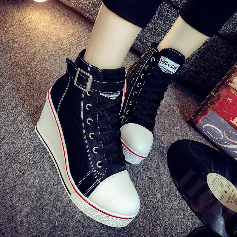 

New Invisible High Heels Women Wedge Casual Shoes 6 Colors Canvas Fashion Lace Up Platform Sneakers Spring Flat Side Zipper Shoe