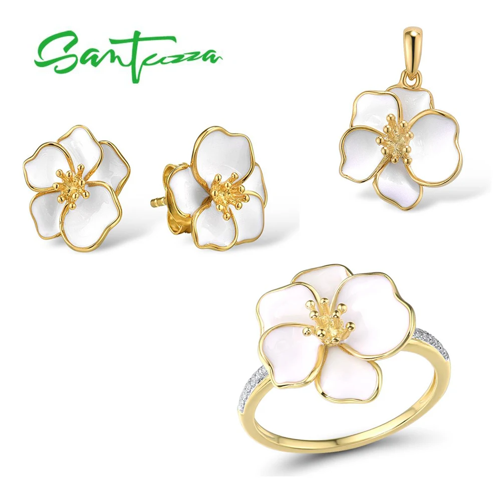 

Набор украшений для женщин SANTUZZA, серебро 925 пробы, цветок белой орхидеи, серьги, кольцо, ювелирные изделия ручной работы с эмалью