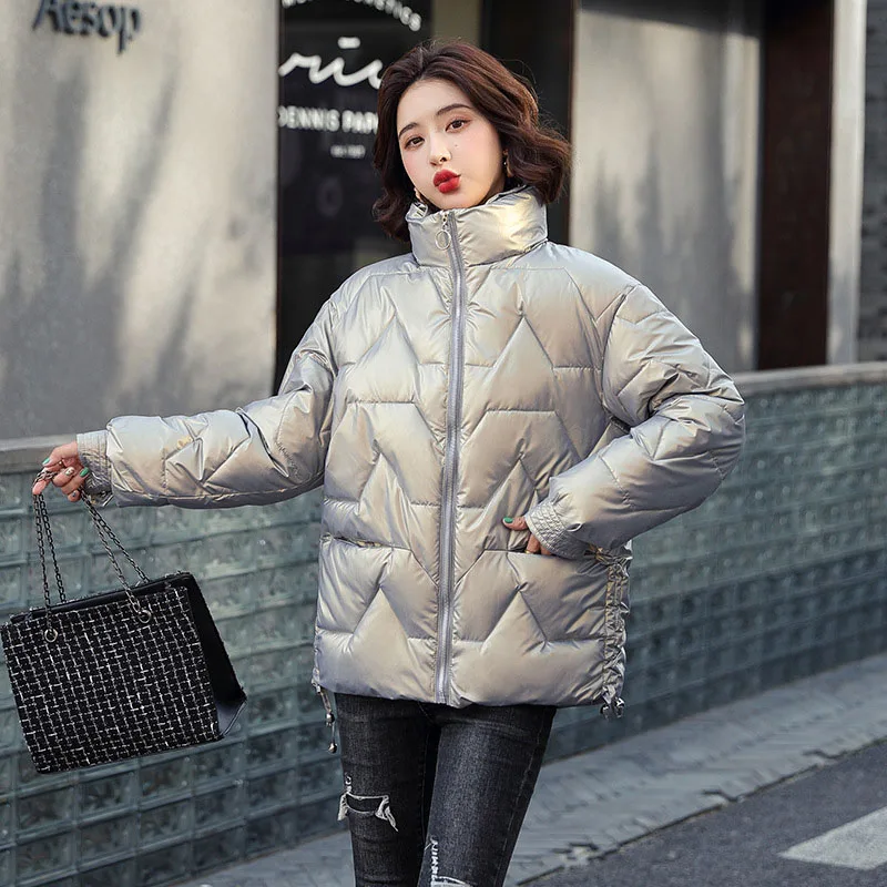 WYBLZ Women Winter Thicken Cotton Puffer Jacket Korean Style Bright Surface Padded Coat Fashion Oversize Bread Warm Jacket 2021