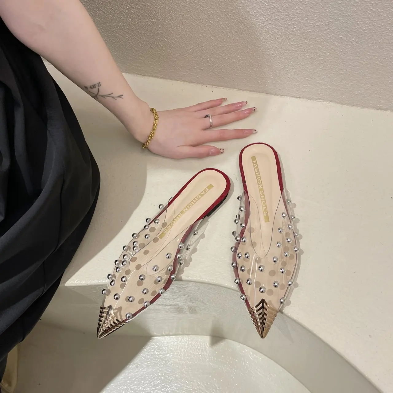 

2021 Star Style Rivet Transparent PVC High Heel Women Sandals Fashion Stilettos Summer Women Slippers Size 35-39 Wholesale