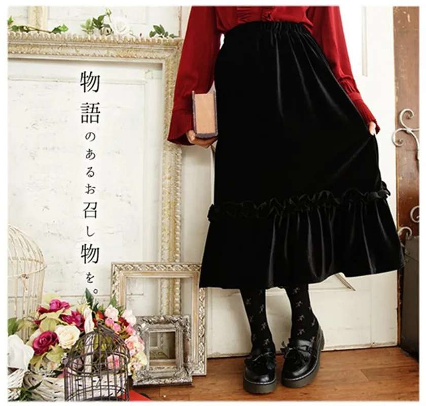 

Solid Black Velvet Skirt Japan Style Ruffles Long Maxi Skirts For Plus Size Women Pleated Skirt Loose Casual Mori Girl Saia