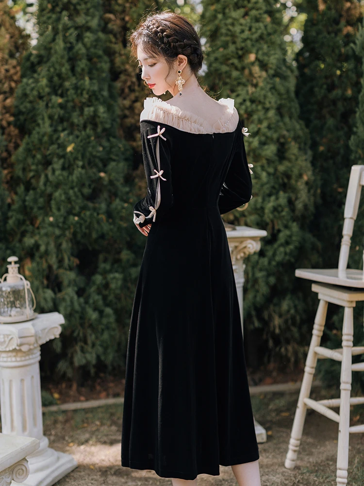 

JCHB 2021 Black Woman Dress Vintage Midi Dress Female Elegant Long Sleeve Dress Slash Neck Spring Autumn Vestido De Mujer Pph32