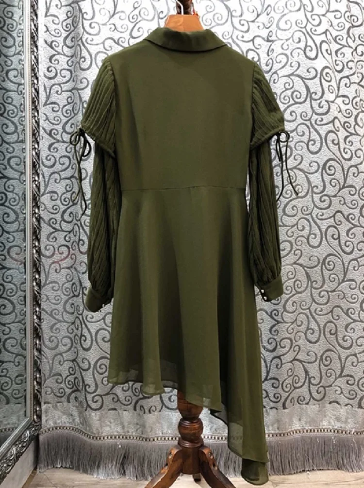 

New Fashion Runway Style 2020 Spring Summer Women Turn-down Collar Pleated Patchwork Long Sleeve Asymmetrical Sexy Dress Green
