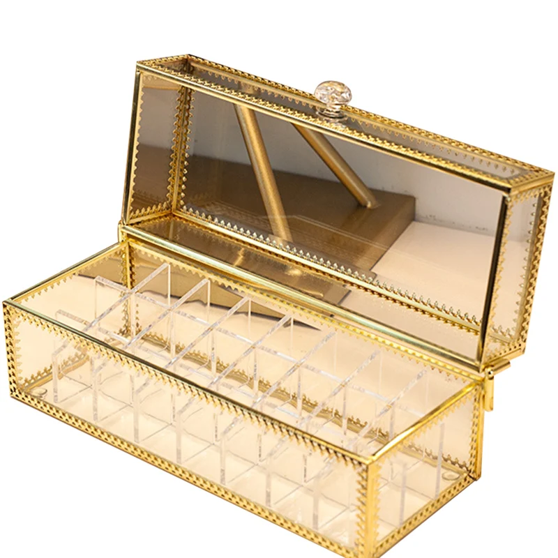 

Cosmetic Storage Box, High-End Retro Glass Lipstick Box, Lip Glaze Box Storage Box, Gorgeous Golden Frame Crafts