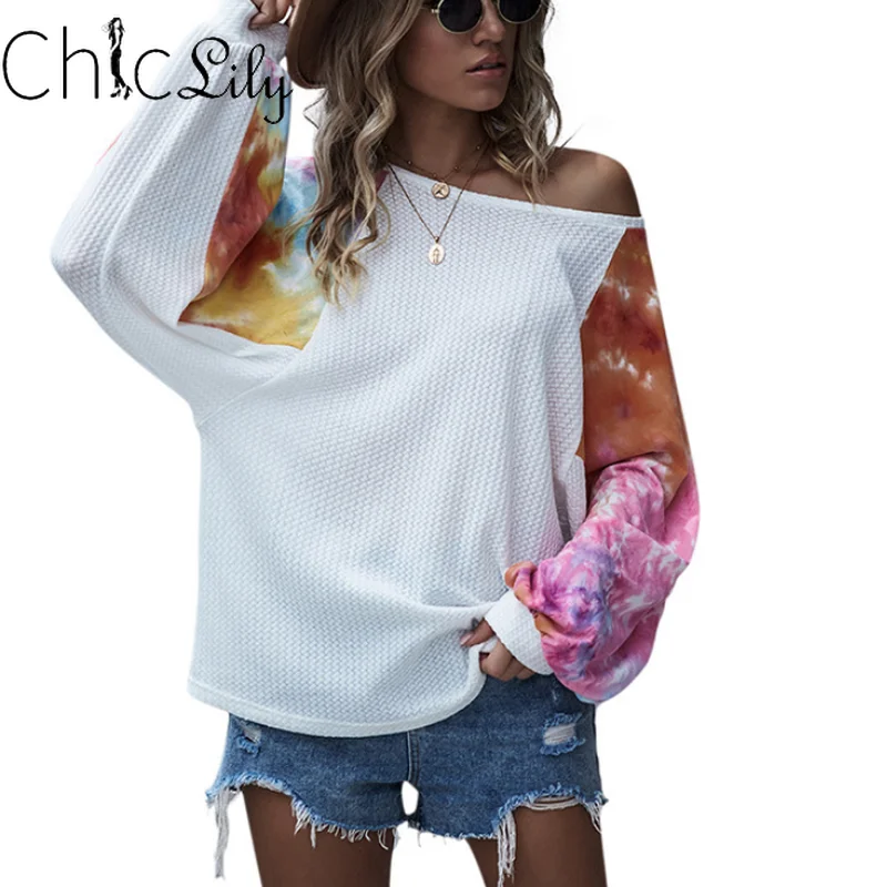 

Chiclily Tie-dye Off Shoulder Batwing Sleeve Waffle Shirts Sexy Slash Neck Shirts Long Sleeve Loose Womens Top Street Style