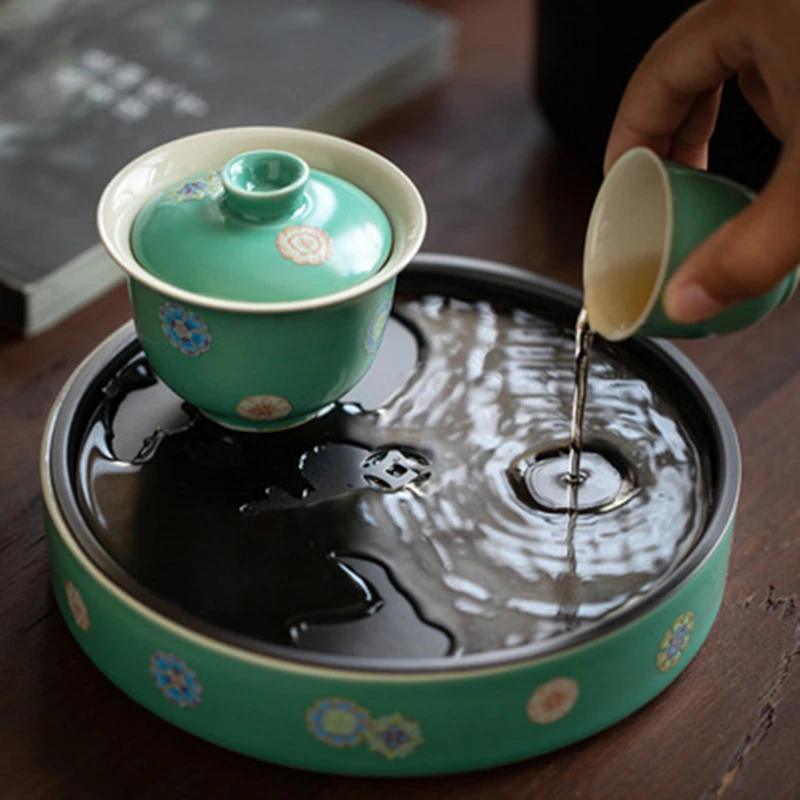 Бирюзовый зеленый керамический поднос для чая двухслойный хранения воды сухая