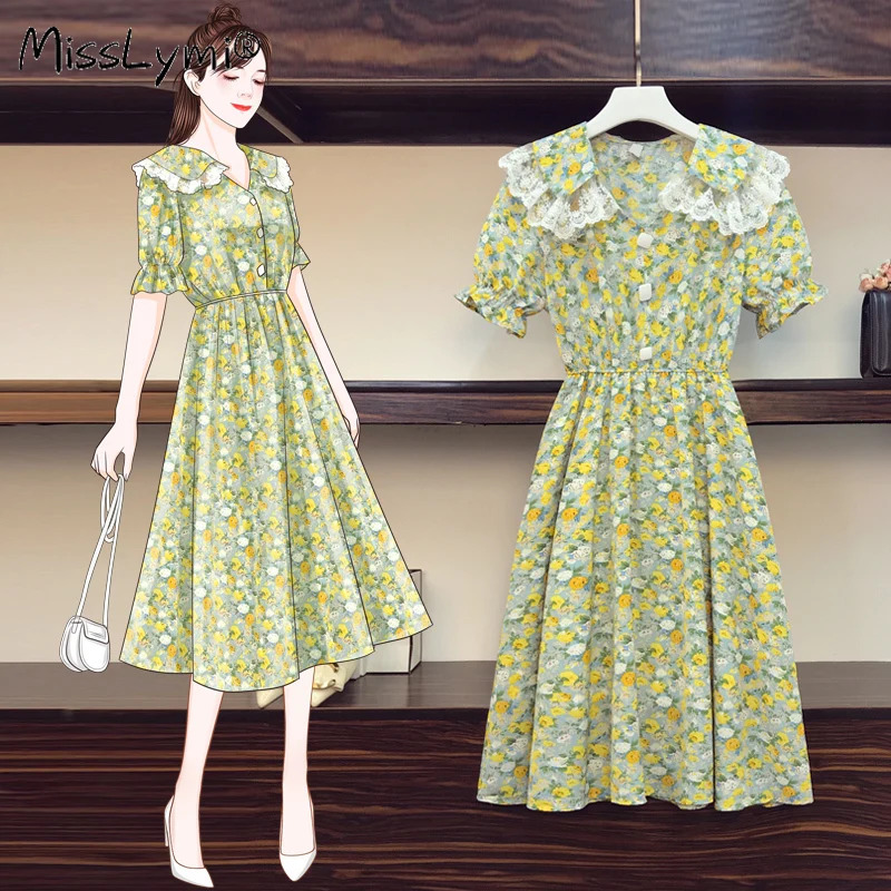 

4XL Plus Size Women Green Floral Chiffon Dress Summer 2021 Sweet Lace Peter Pan Collar Short Sleeve Elastic High Waist Dresses