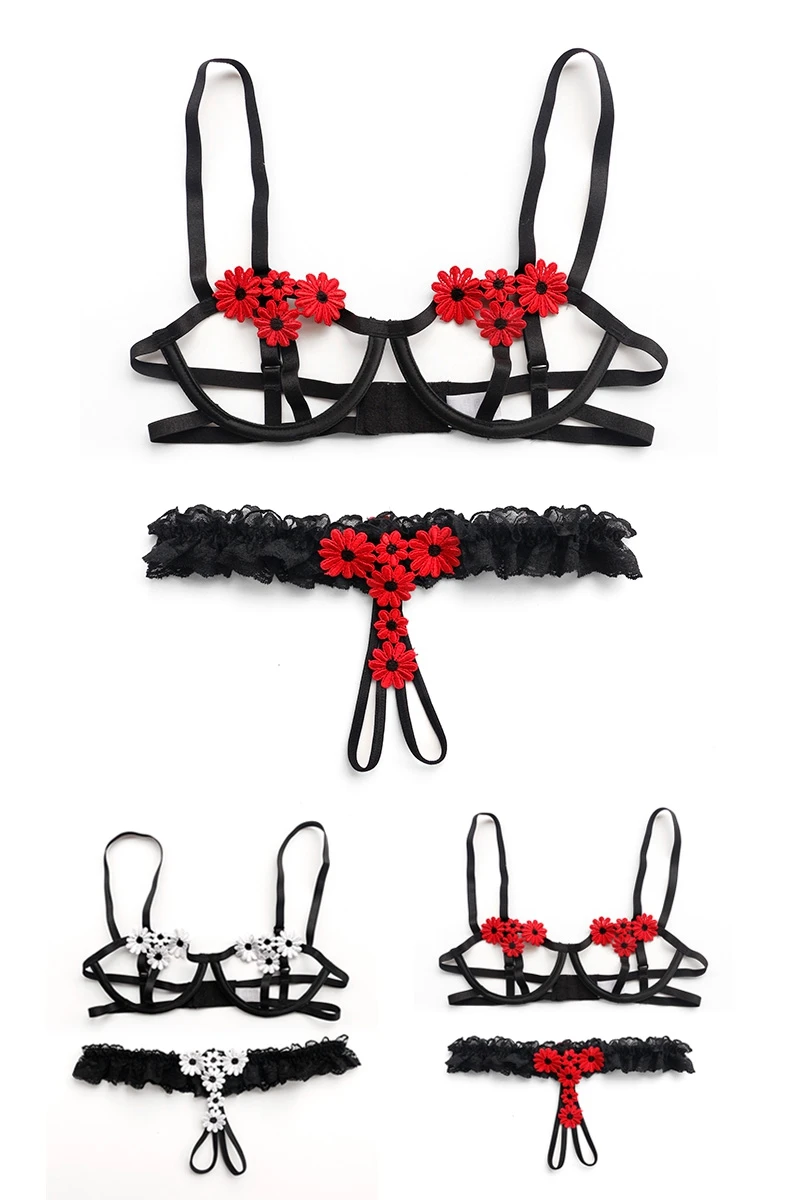 

Sexy Mousse Women Open Cup Bra And Brief Set Sexy Eylash Lace Underwear Luxury Transparent Floral Night Bra And Panties