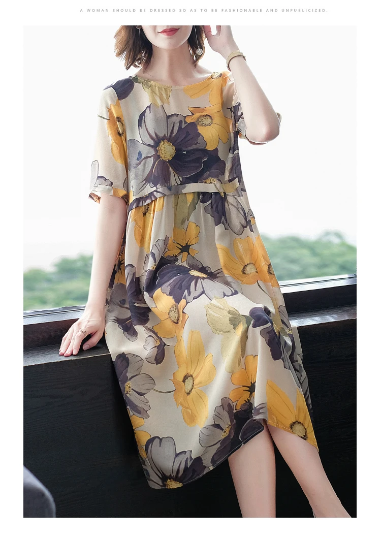 

Mid-length dress simulation silk female 2019 summer loose large size fashion printing yellow simple generous vestidos D317