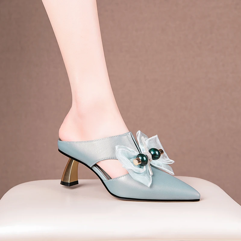 

Slippers 2021 Classic Design Cow Leather Pointed Toe High Heels Sandals Casual Shoes Summer Concise Slip On Shoes Woman
