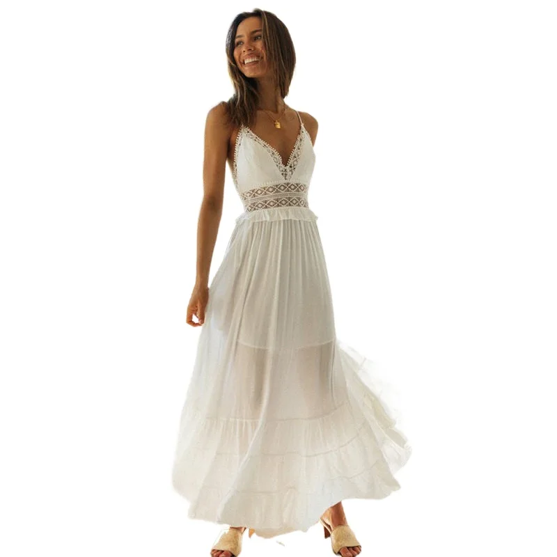 

2021 Summer Sexy V-neck White Suspender Halter Female Dress Seaside Vacation Beach Party Elegant Lady Dress