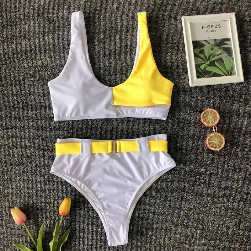 

Sexy Patchwork Bikini High Waist Swimsuit Women Swimwear Two-pieces Bikini Hollow Out Bather Bathing Suit Swim Wear Lady 5265
