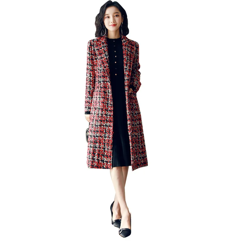 

Elegant Medium Long Wool Blend Coat Women Winter Plaid Straight Office Lady Tweed Jacket Streetwear Double Breasted Outerwear