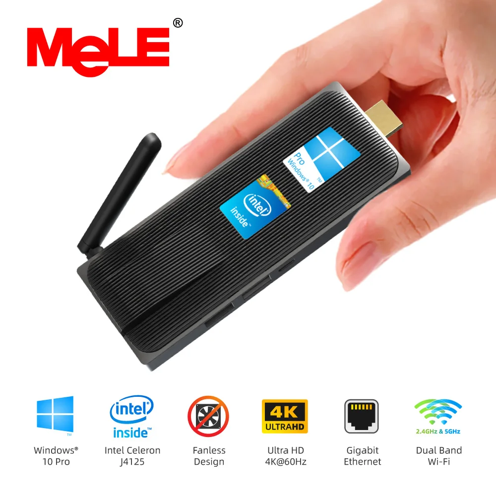 MeLE Celeron J4125 Quad Core 8GB 128GB Fanless Mini PC Windows 10 Pro PC Stick Mini Computer HDMI 4K 2.4/5GHz WiFi Gigabit LAN