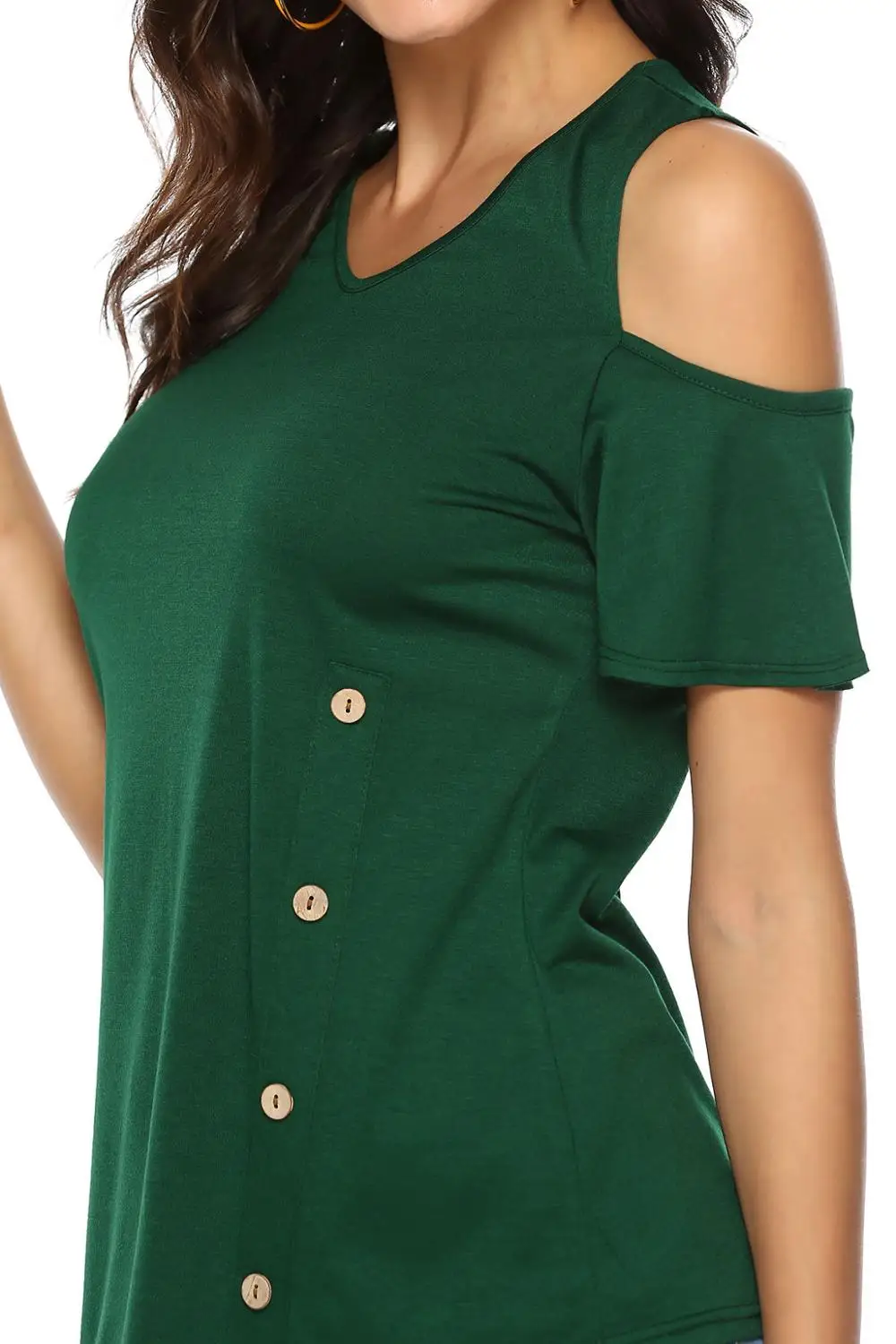 2019 Летняя женская футболка с открытыми плечами коротким рукавом пуговицами