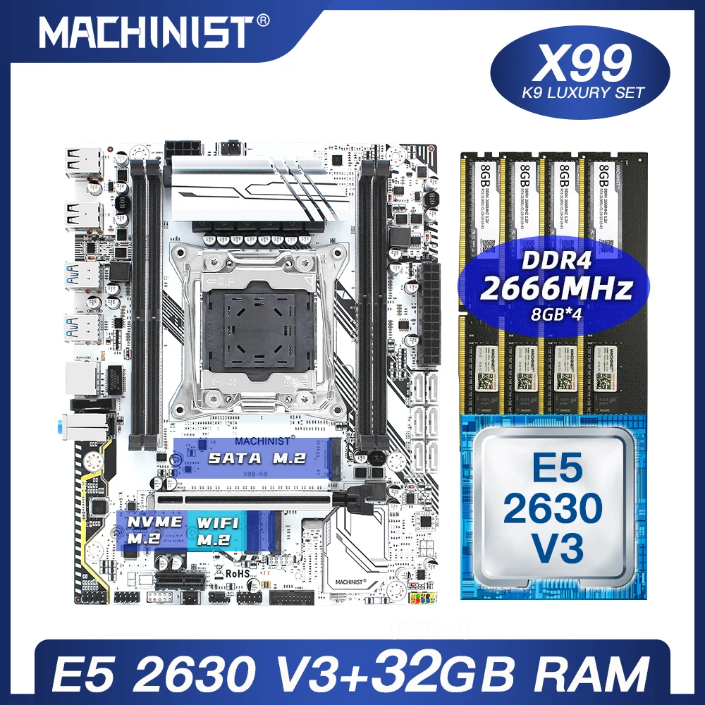Preise X99 Motherboard LGA 2011-3 Set Kit Mit Intel Xeon E5 2630 V3 Prozessor DDR4 32GB(4*8GB) 2666MHz RAM M-ATX NVME M.2 SSD X99-K9