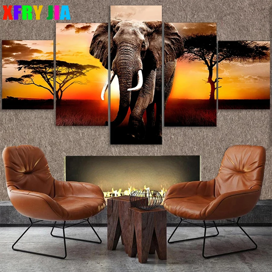 

Diamond Embroidery AB drill Sunset wildlife elephant Abstract art Diamond Painting Full drill Mosaic Cross Stitch Wall Art5pcs