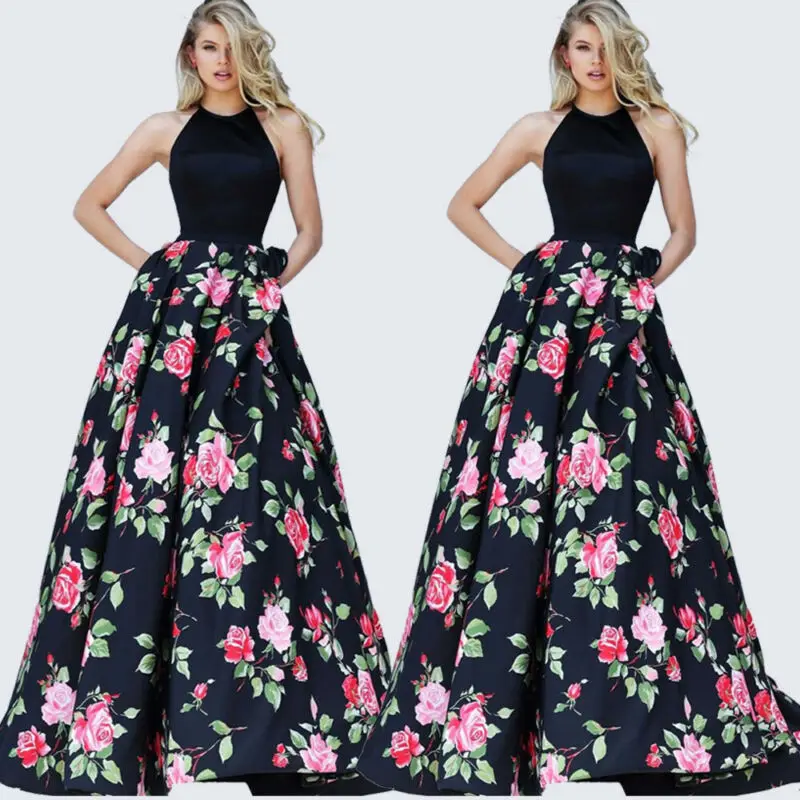 Женское атласное длинное черное платье макси с открытой спиной и цветочным