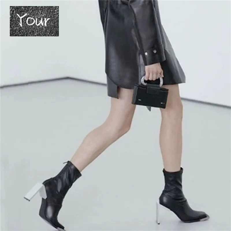 

Metal Strange Heel Women Ankle Boots Square Toe High Heel Botas Mujer Ladies Autumn Slim Fit Sock Boots Dress Shoes Woman