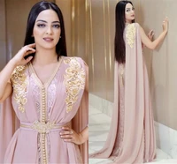 blush pink beaded muslim long evening dresses luxury dubai moroccan kaftan dress chiffon v neck formal gown evening party dress