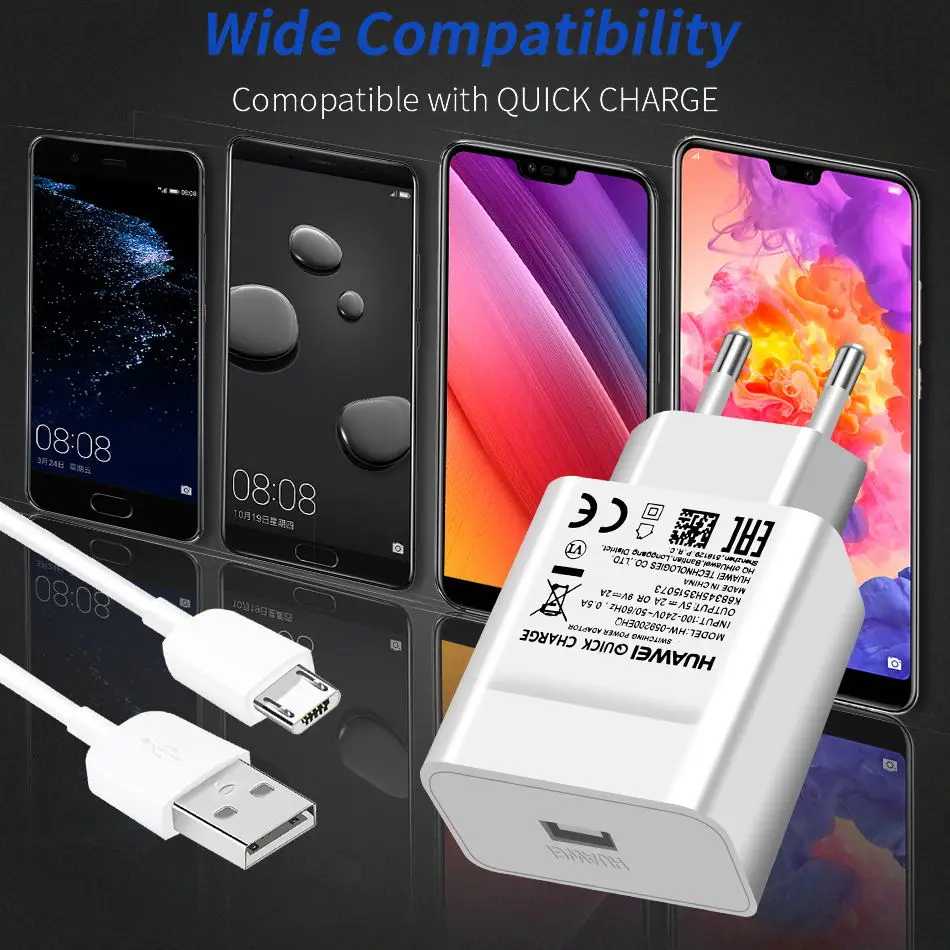 Huawei подлинное быстрое зарядное устройство 9V 2A QC 2,0 быстрое зарядное устройство USB адаптер Micro кабель для P8 P9 Plus P10Lite Honor 8 9 Mate10 Nova 2i 3