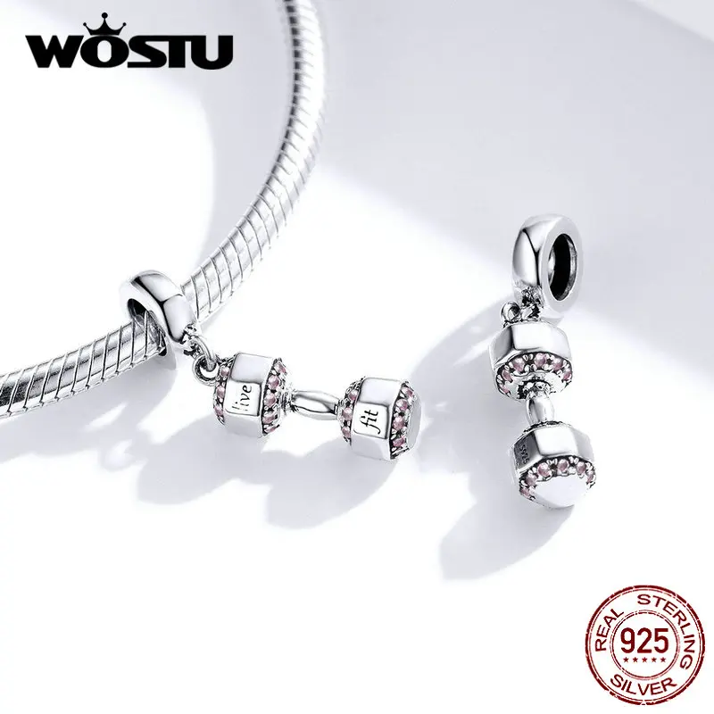 WOSTU Dumbbell Fitness Charms 925 Sterling Silver Fit Original Bracelet Pendant Beads Women DIY Necklace Sport Jewelry FIC1340 | Украшения