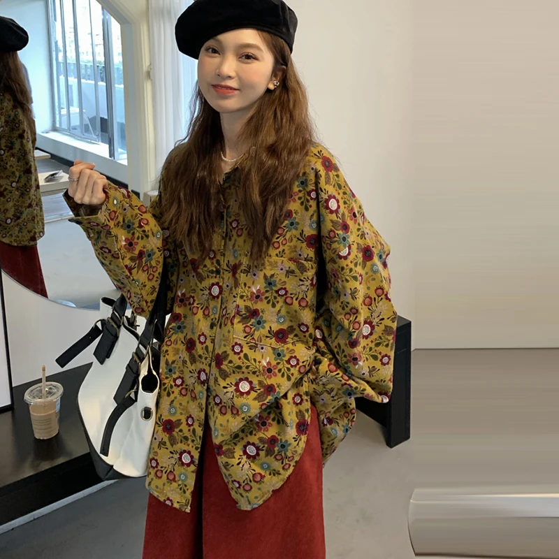 

New design retro print loose casual fashion Joker shirt+high waist solid color simple wind skirt 2 piece set