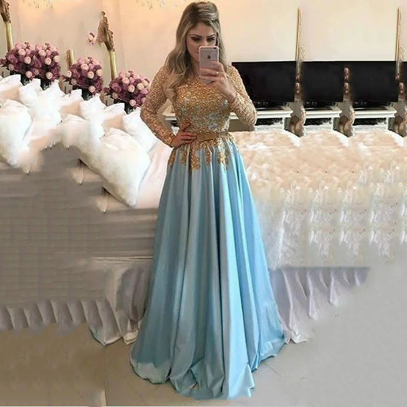 

SoDigne Muslim Evening Dress Long Gold Lace Applique Long Sleeve Saudi Arabia Prom Dresses Women Formal Party Dress