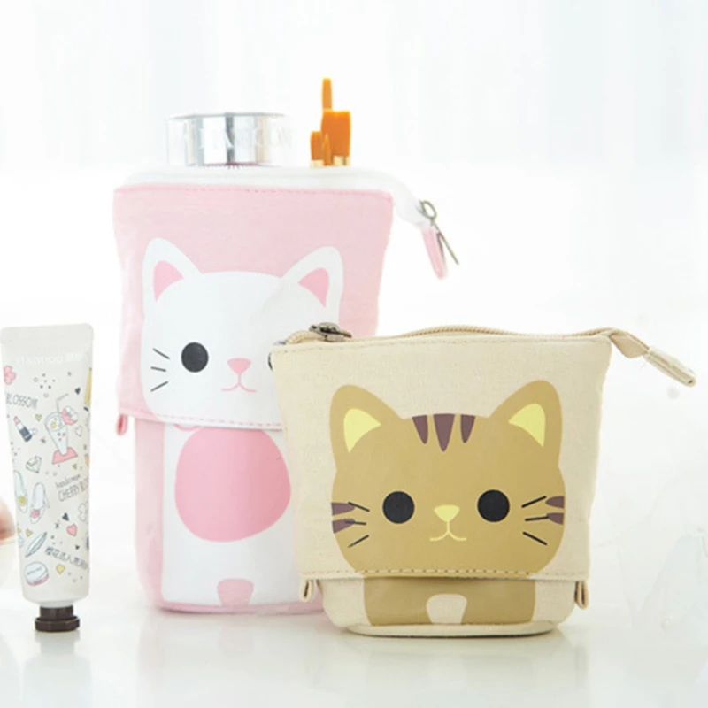 

New Creative High Quality Telescopic Vertical Canvas Pen Holder Pencil Case Cartoon Cute Cat Multi-function Office Storage Bag