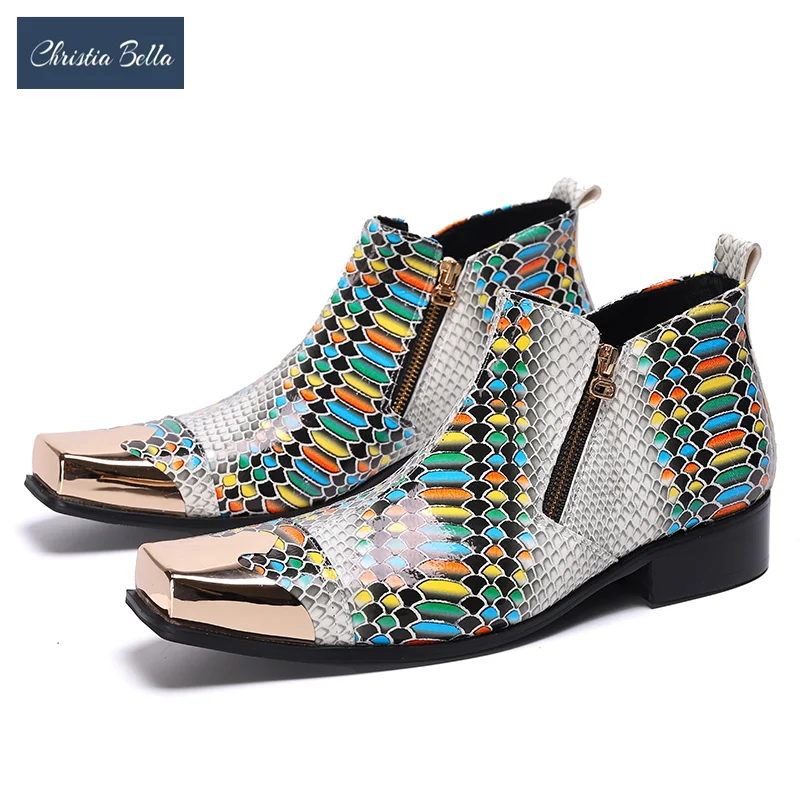 Итальянский стиль мужские ботинки из натуральной кожи металлический квадратный