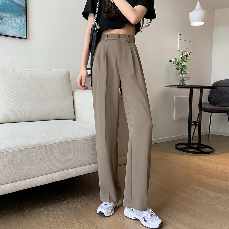 

High Waist Blue Casual Pants Women Fashion Capris Female Straight Office Ladies Casual Trousers Loose Autumn Solid High Street