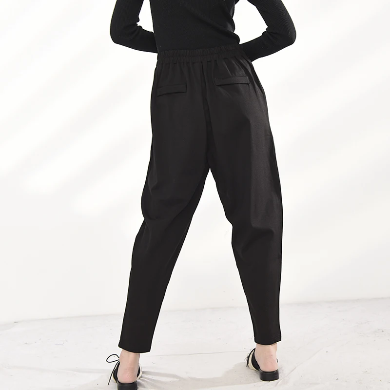 

[EAM] High Elastic Waist Black Button Long Harem Trousers New Loose Fit Pants Women Fashion Tide Spring Autumn 2021 1DD046301
