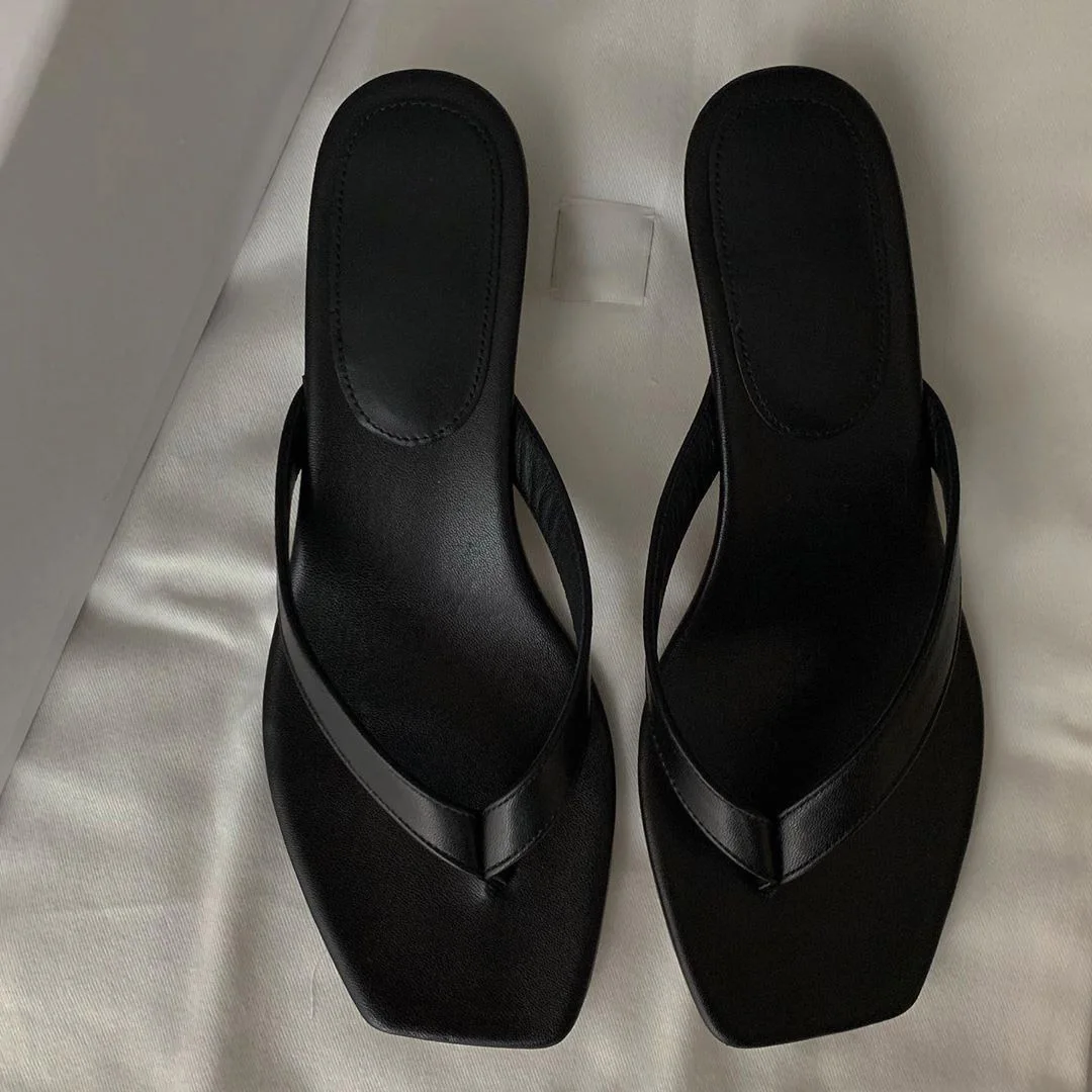 

New Leather Flip Flops Kitten Heel Square Toe Muller Shoes Flip Flops Mid Heel Sandals and Slippers Women