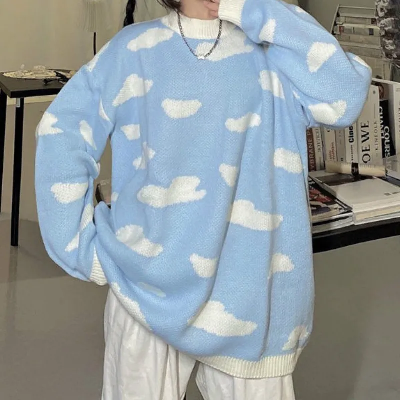 Autumn Winter Kawaii Sweater Fashion Korean Clouds Print Casual Women Loose Long Sleeve Pullover | Женская одежда