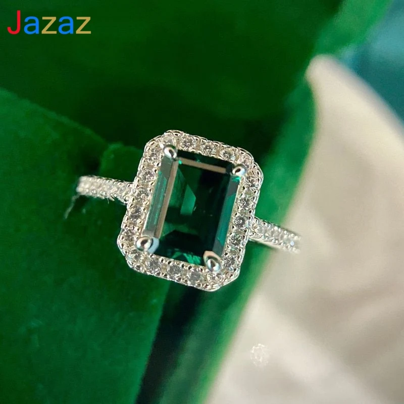 

Jazaz Fine 925 Sterling Silver Simulation Emerald wedding rings women Lady Top Quality Spaerk Diamond Party jewelry Gifts B0856
