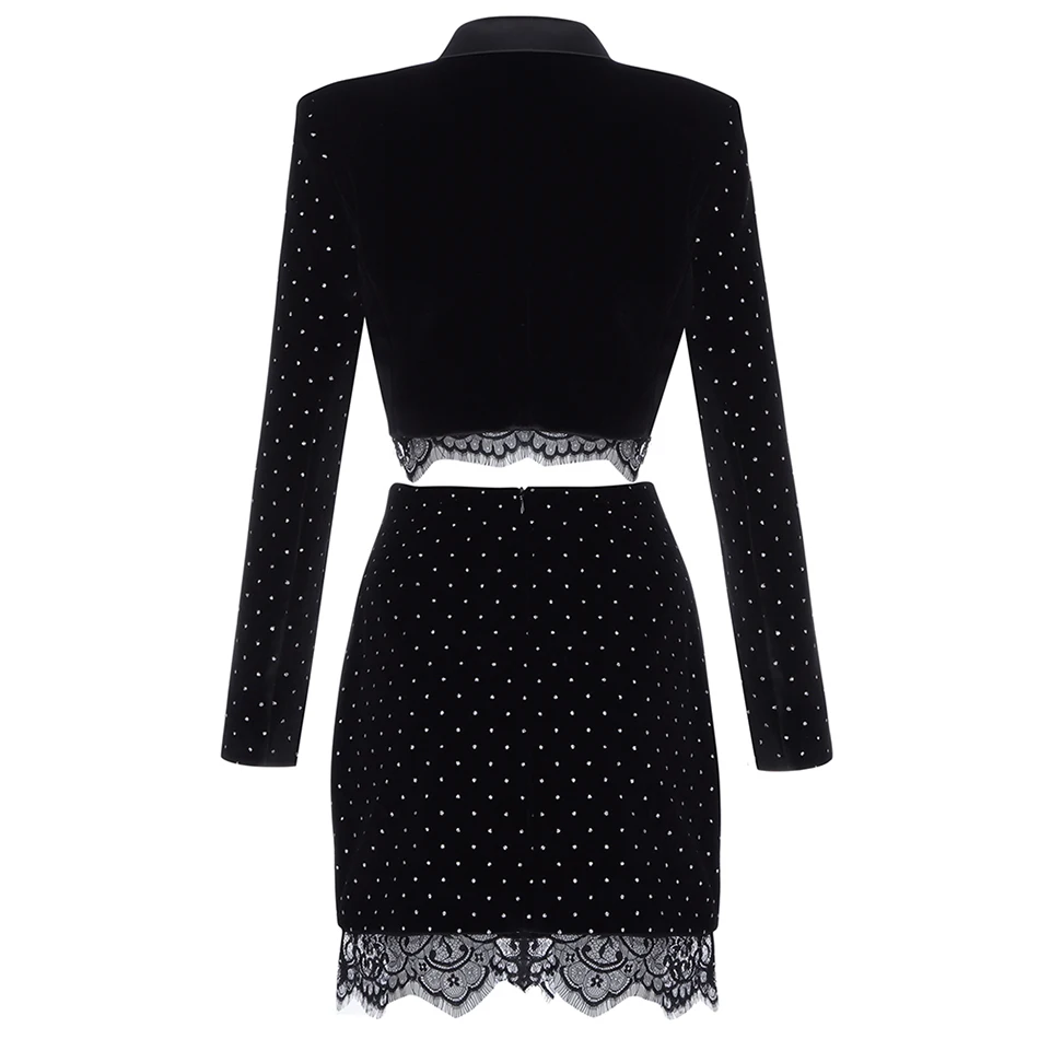 

Autumn Women'S Velvet 2 Two-Piece Set Diamond Lace Patchwork Long-Sleeved Short Top And High Waist Mini Skirt 2020 New Suit