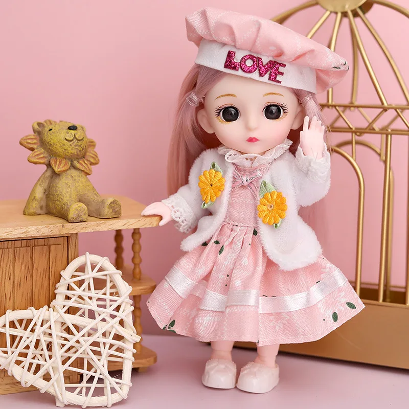 

New 1/8 Lovely BJD Dolls With Clothes 16 CM 13 Joint Movable Kwaii Long Cruls Fashion Dress Headwear Dress up Doll for Girl Toys